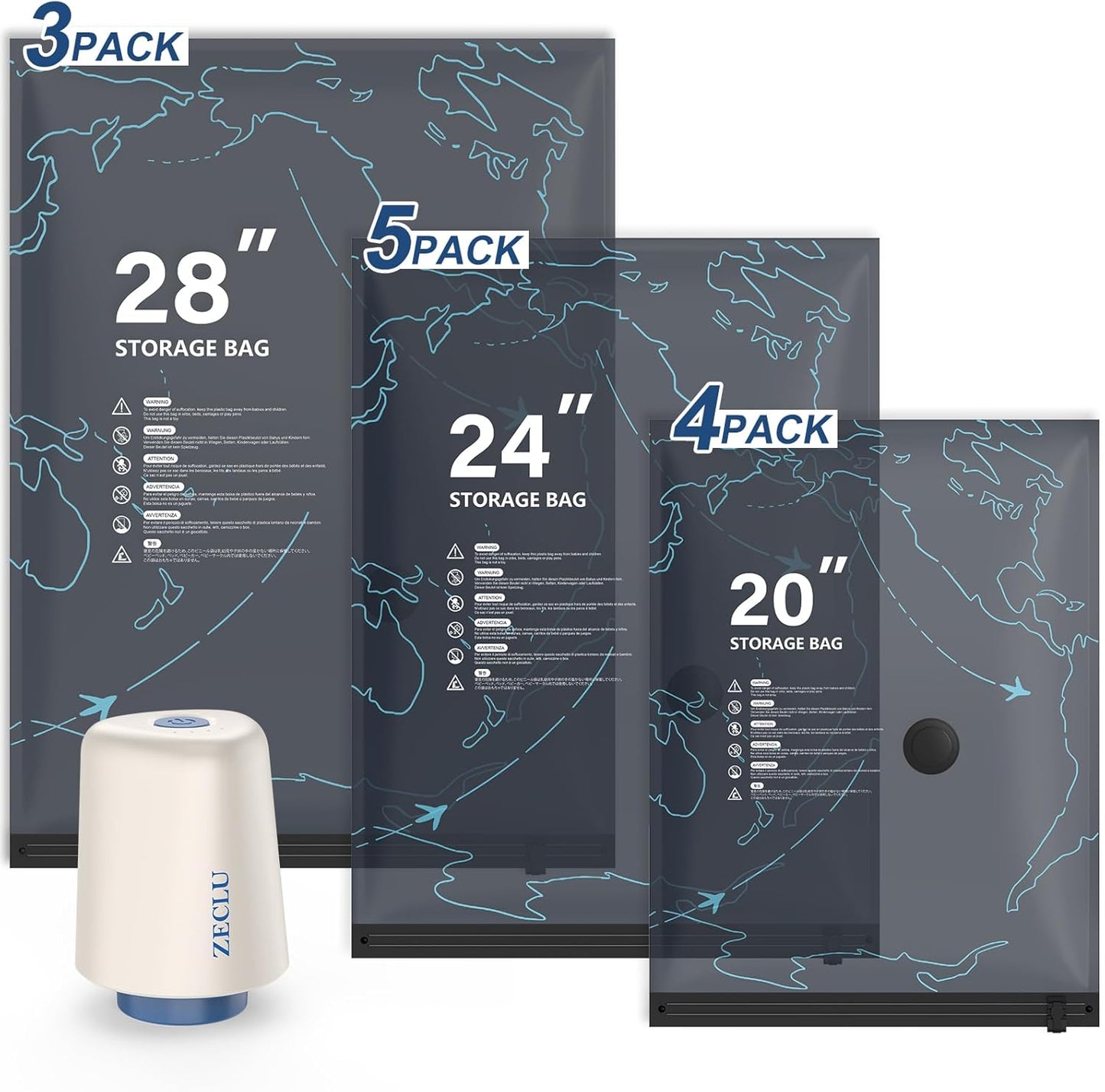 Skiennix Travel Vacuum Bags - 12 Pack with Rechargeable Pump for Clothing Space Saving Storage