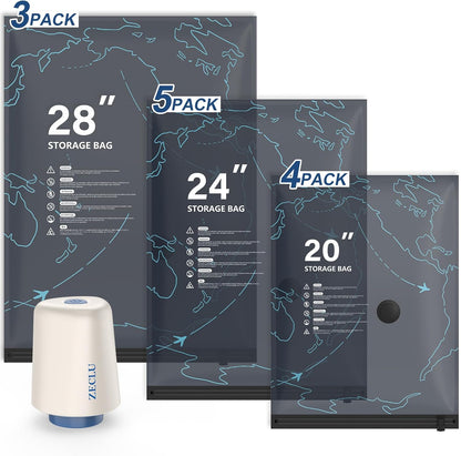 Skiennix Travel Vacuum Bags - 12 Pack with Rechargeable Pump for Clothing Space Saving Storage