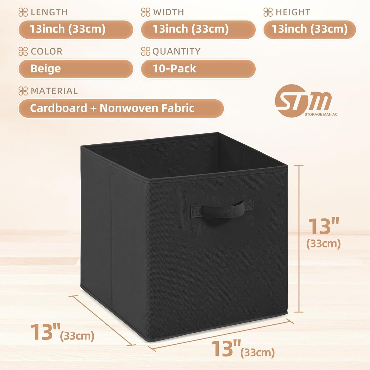 Storage Maniac Storage Cubes - 13-Inch Collapsible Bins with Handles | 10-Pack Durable Black Fabric for Organization