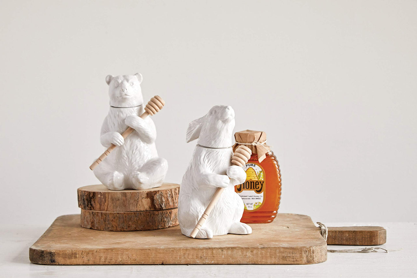 Creative Co-Op White Bear Shaped Honey Pot with Lid & Bamboo Dipper