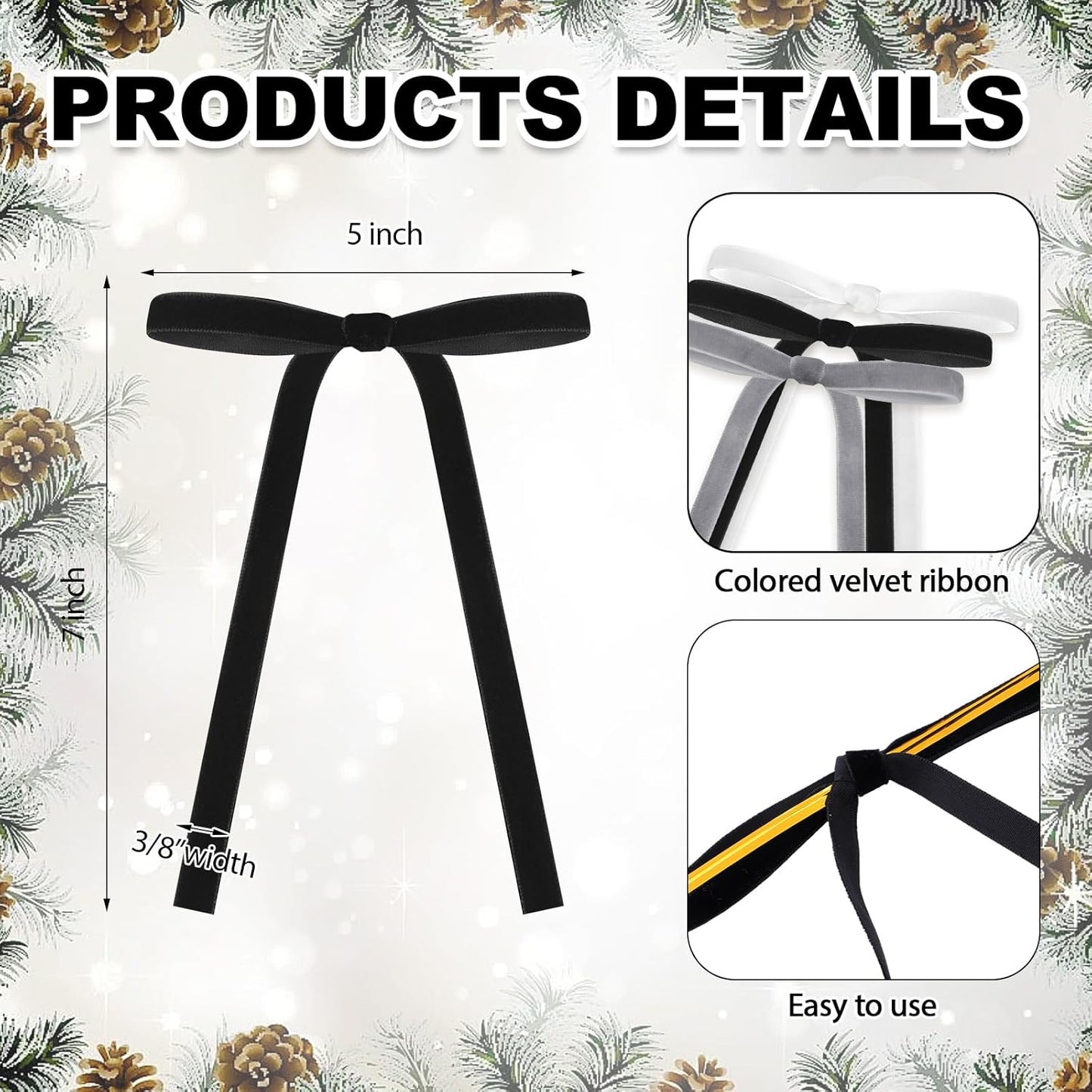 Skiennix 24 Pcs Velvet Bows - Vintage Ribbon Bows for Christmas Tree & Crafts | 5x7 Inch, Black, White, Gray