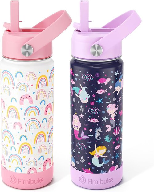Fimibuke Kids Insulated Water Bottle - 18oz BPA-Free Double Wall Tumbler | Leak-Proof, Rainbow & Mermaid (2 Pack)
