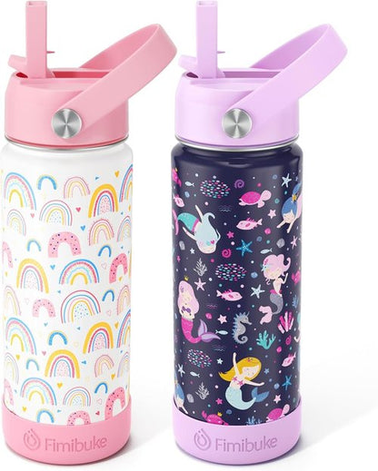 Fimibuke Kids Insulated Water Bottle - 18oz BPA-Free Double Wall Tumbler | Leak-Proof, Rainbow & Mermaid (2 Pack)