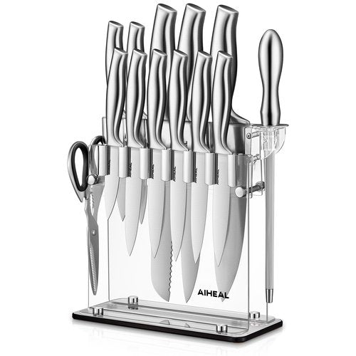 Knife Set, Aiheal 14PCS Kitchen Knife Set with Acrylic Knife Stand, No Rust and Super Sharp Knife Set Stainless Steel in One-Piece Design with Knife Sharpener for Kitchen, Include Steak Knives