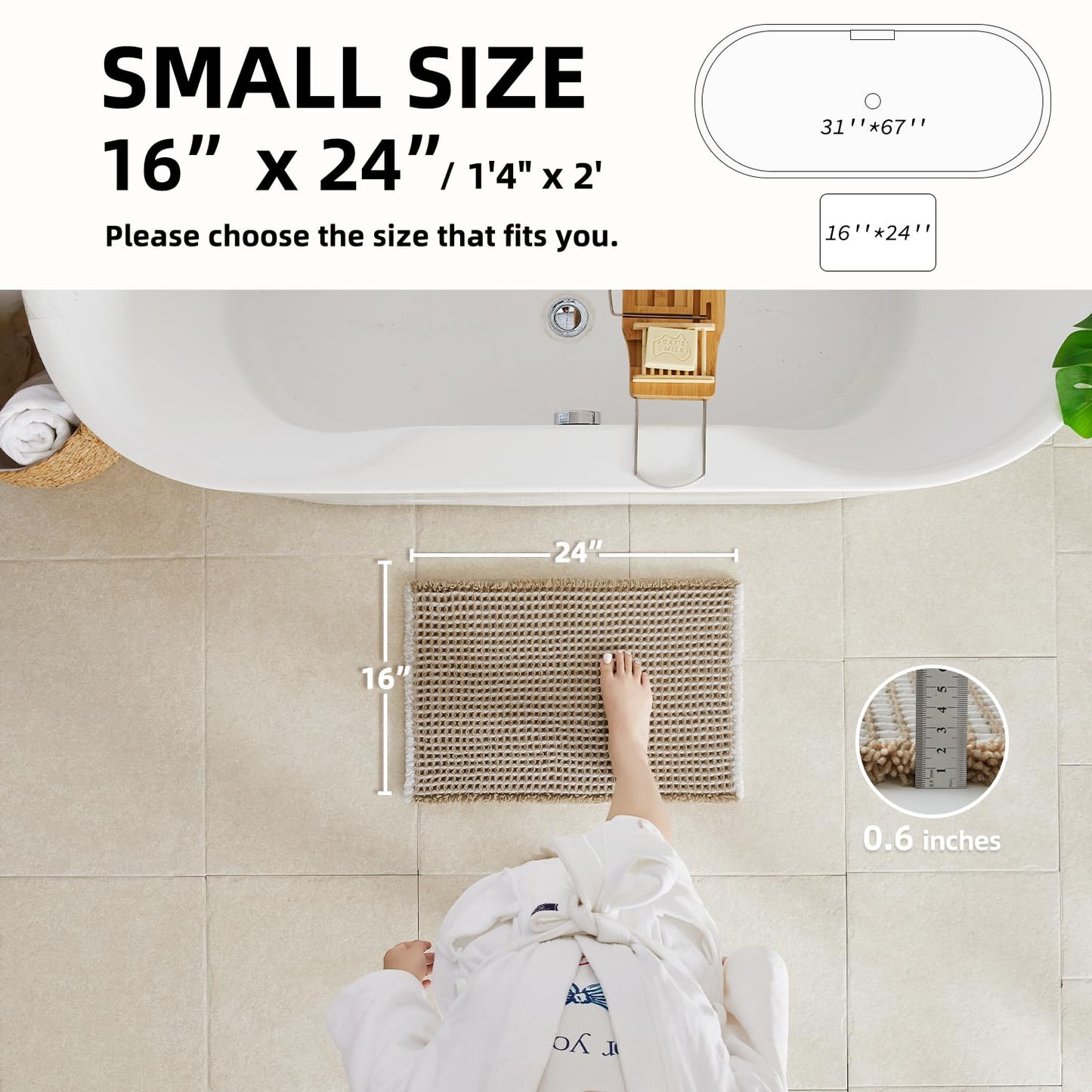 TYUU Waffle Bath Mat, Boho Bathroom Rugs Non Slip Washable Super Absorbent Quick Dry Bath Mat Farmhouse Bathroom Decor, 24"x16" Khaki and White