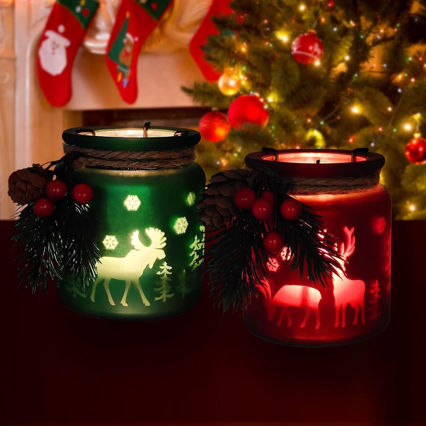 SHMILMH Christmas Candle Holders - Set of 6 Glass Tealight Holders with Metal Base | Red & Green Centerpieces