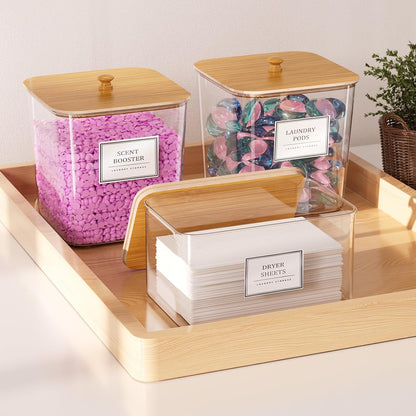 Skiennix Laundry Organization Containers - Clear Storage for Pods & Detergent | Large with Wooden Lids & Labels