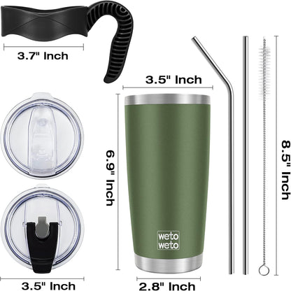 WETOWETO 20oz Insulated Stainless Steel Tumbler - Double Wall Travel Mug with 2 Lids & Straws | Army Green
