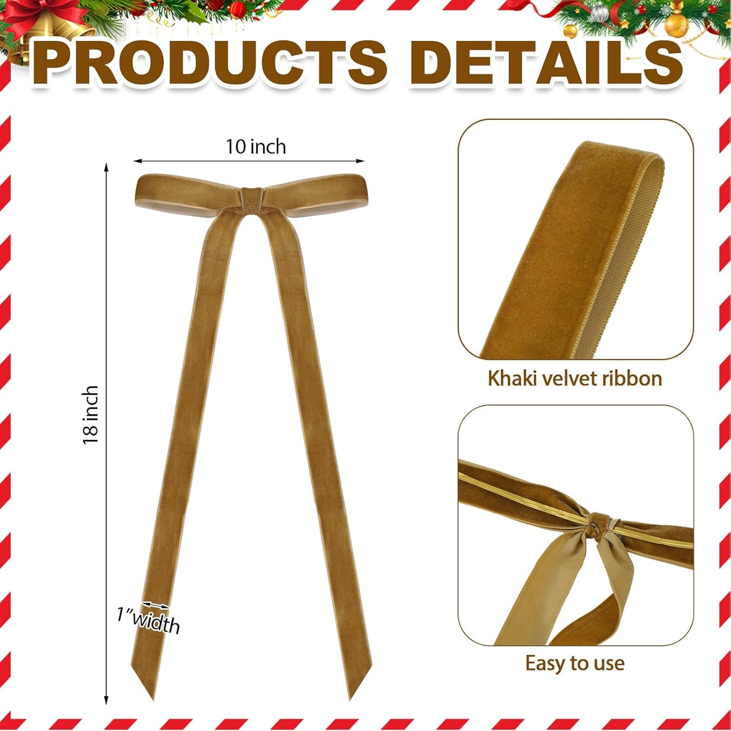 Skiennix 24 Pcs Velvet Bows - Vintage Ribbon Bows for Christmas Tree & Crafts | Khaki, 10 x 18 Inch
