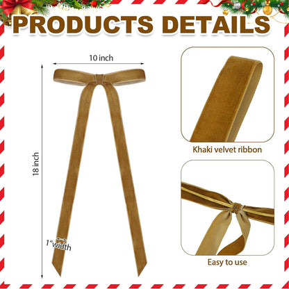 Skiennix 24 Pcs Velvet Bows - Vintage Ribbon Bows for Christmas Tree & Crafts | Khaki, 10 x 18 Inch