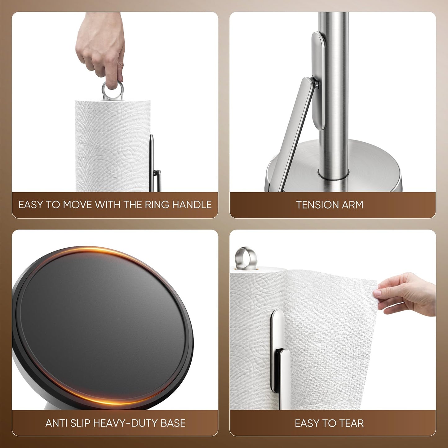 theaoo Heavy-Duty Stainless Steel Paper Towel Holder with Tension Arm – Easy One-Handed Tear, Modern Standing Countertop Dispenser for Kitchen, Holds All Paper Towel Rolls (1, Silver)