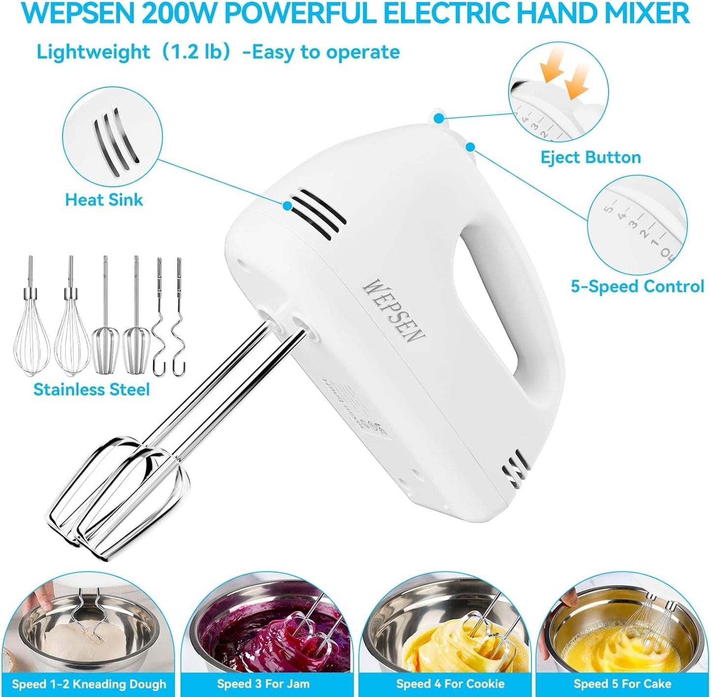 Skiennix Electric Hand Mixer - 5-Speed Handheld Mixer with 4 Stainless Steel Bowls & Measuring Cups | 200W Baking Essential