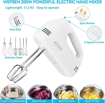 Skiennix Electric Hand Mixer - 5-Speed Handheld Mixer with 4 Stainless Steel Bowls & Measuring Cups | 200W Baking Essential