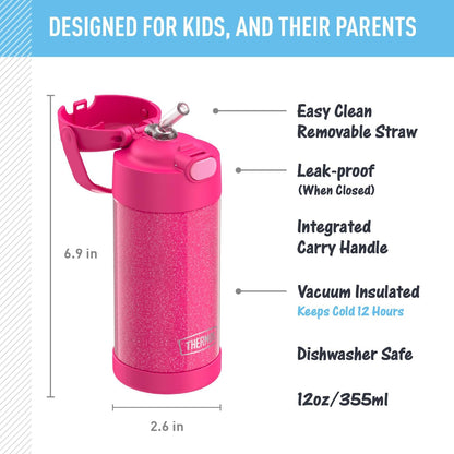 THERMOS FUNTAINER Water Bottle - 12 Ounce Kids Stainless Steel Insulated Bottle with Straw | Pink Glitter