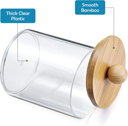 Qtip Holder Dispenser by [Brand Name] - 2 Pack Bamboo Lid Apothecary Jars for Makeup Storage | 10 oz Clear Plastic