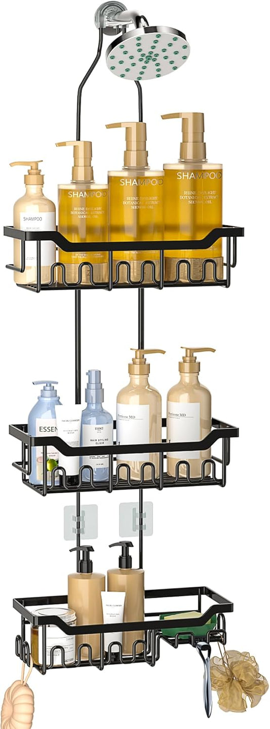 Skiennix Adjustable Shower Caddy - 3-Tier Over Shower Head Organizer with Soap Holder, Black