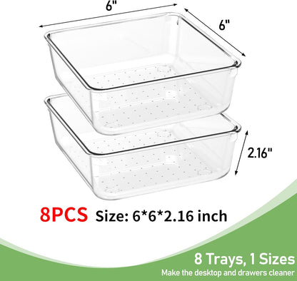 Skiennix 8 PCS Clear Plastic Drawer Organizer Trays - Versatile Storage for Makeup, Office & Kitchen