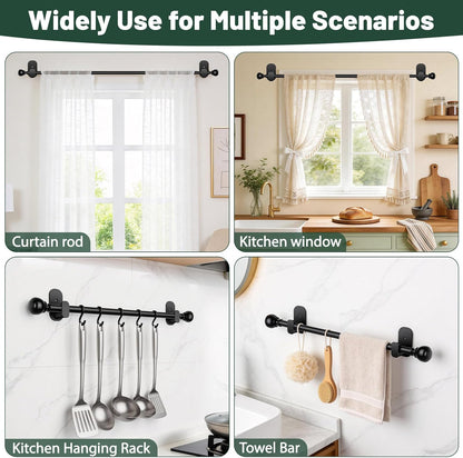 USFOOK No Drill Curtain Rods - 48 to 84 Inches | 5/8 Inch Adhesive Drapery Rods with Round Finials