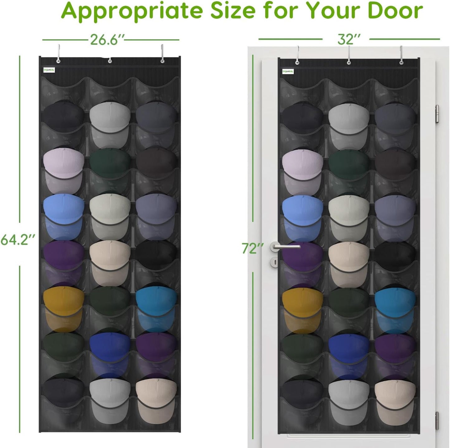 Unjumbly Baseball Hat Rack - 24 Pocket Over-The-Door Organizer with Clear Pockets | Black