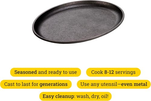 Lodge Cast Iron Griddle - 13.375" Oval Design for Perfect Cooking | Durable Black Finish