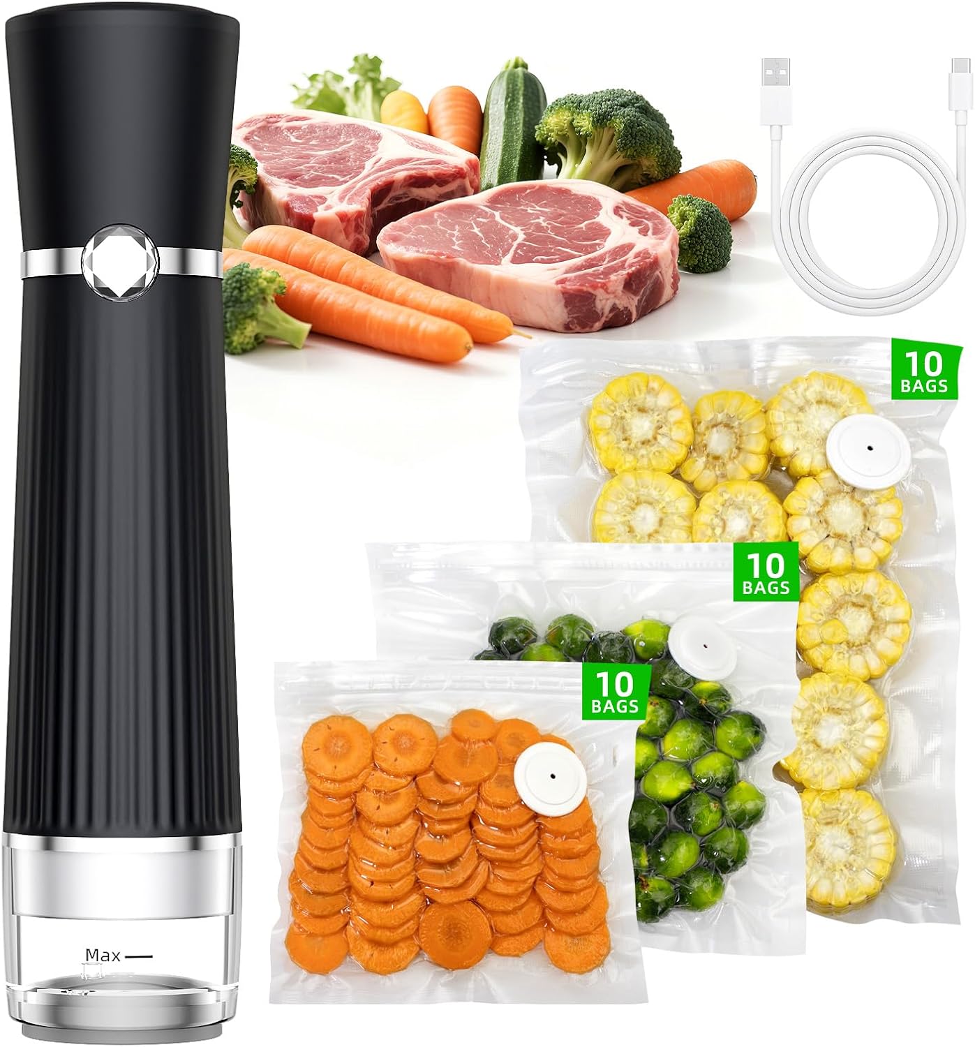 Skiennix Vacuum Sealer - Handheld Compact Food Saver with 30 Reusable Bags for 10X Freshness