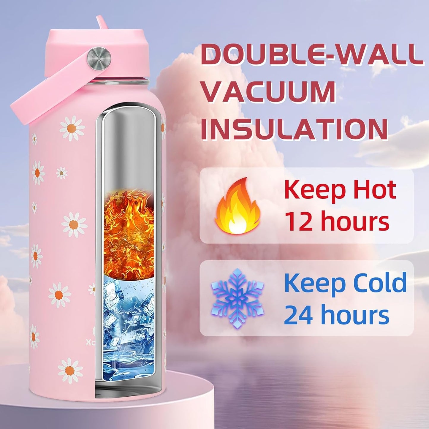 Skiennix Pink Daisy Water Bottle - 32oz Insulated with Flip Straw & Handle | Leak-Proof Stainless Steel Gift for Women & Teens