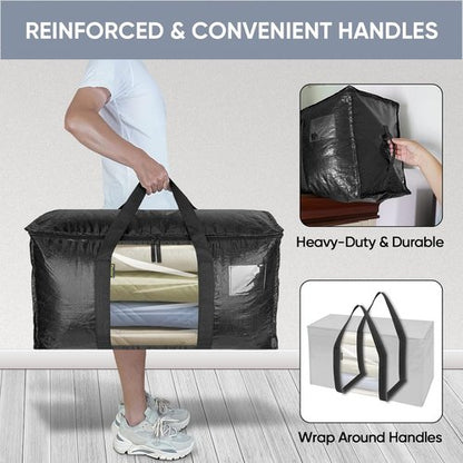 BALEINE Oversized Moving Bags - Heavy-Duty Storage Totes with Reinforced Handles | Black w/Window, 2-Pack