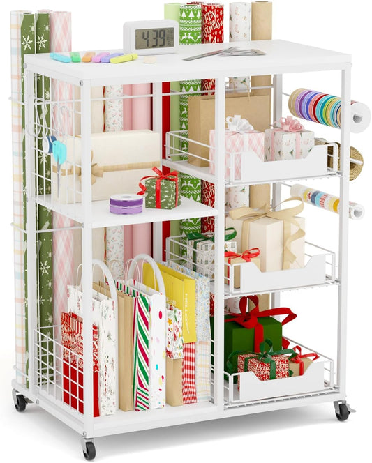 Skiennix Wrapping Paper Organizer - Rolling Gift Wrap Cart with 20 Roll Holders & 3 Drawers, White