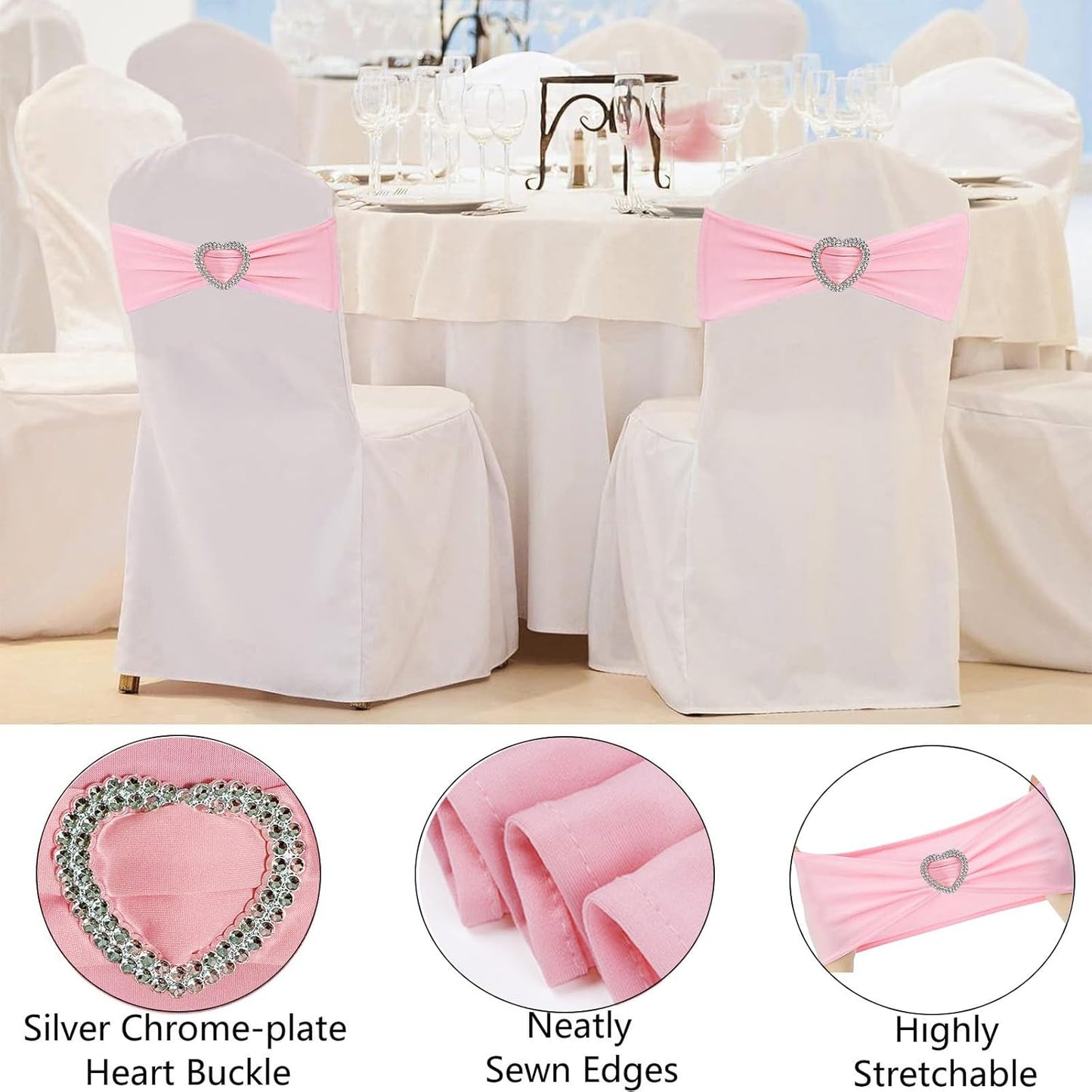 Skiennix Light Pink Chair Sashes - 50Pcs Stretch Covers with Heart Buckle for Weddings & Parties