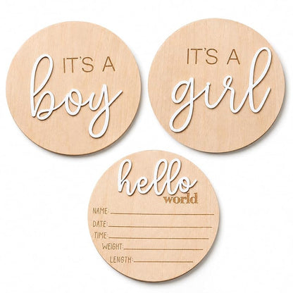 Wooden Baby Announcement Sign Set - 3pcs Hello World Its a Boy Its a Girl Basswood
