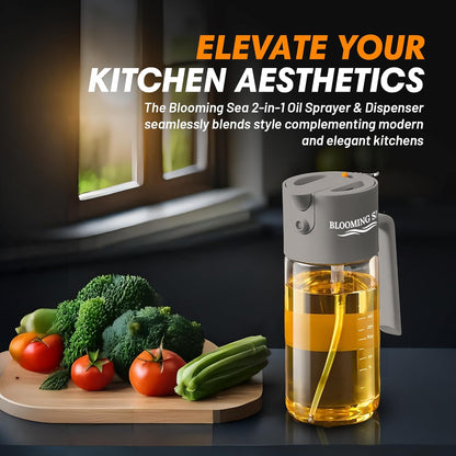 Skiennix 2-in-1 Oil Sprayer & Dispenser - 550ml Glass Olive Oil Bottle, BPA-Free & Leakproof, Gray