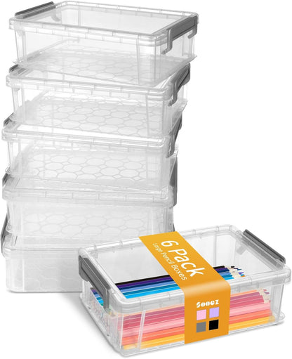 Sooez Extra Large Pencil Box Set - Clear Plastic Organizer with Lid | Stackable Storage for Art Supplies, Grey