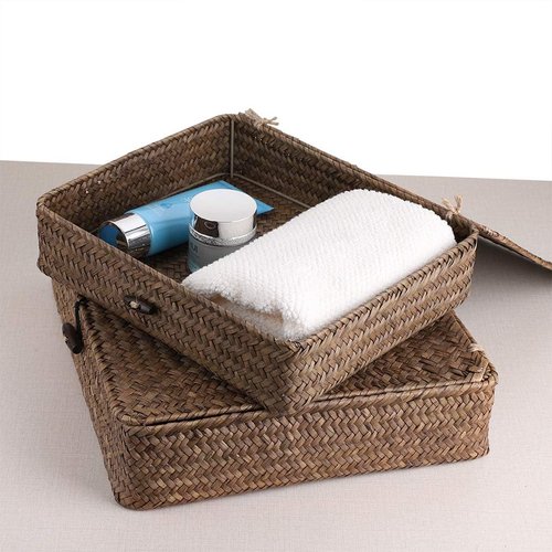 Hipiwe Wicker Storage Bins - Set of 2 Natural Seagrass Baskets with Lids for Home Organization | Coffee Color
