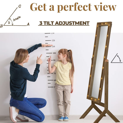 LUXFURNI Floor & Full Length Mirrors, Large Free Standing Body Mirror with Lights, Tall Cheval Mirror for Bedroom (Rustic Brown)
