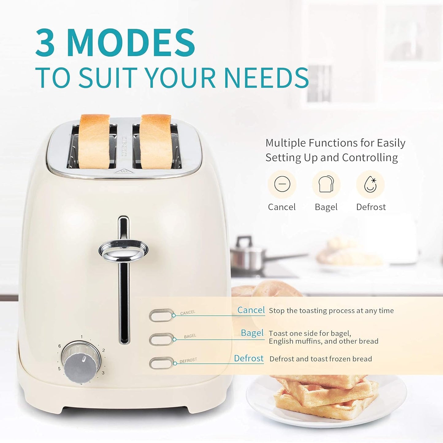 Ultrean 2-Slice Toaster - Extra-Wide Slot for Bagels & Waffles | Stainless Steel with 6 Browning Settings