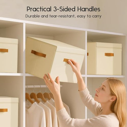 Homsorout Large Storage Bins - Front Opening Fabric Organizers with Lids, 2 Pack, Beige