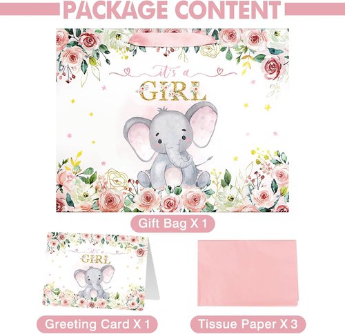 Laidans Large Pink Floral Elephant Baby Shower Gift Bag - Includes Tissue Paper & Card