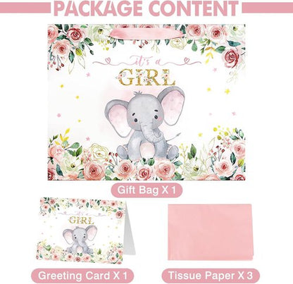 Laidans Large Pink Floral Elephant Baby Shower Gift Bag - Includes Tissue Paper & Card