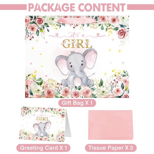 Laidans 13" Large Baby Shower Birthday Gift Bag for Girl with Tissue Papers and Card Pink Floral Elephant Design with Handles (Large Pink)