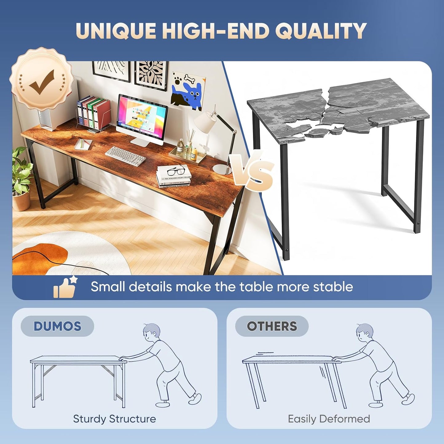 DUMOS 63-Inch Computer Desk - Modern Writing & Gaming Workstation with Metal Frame | Wood Brown Finish