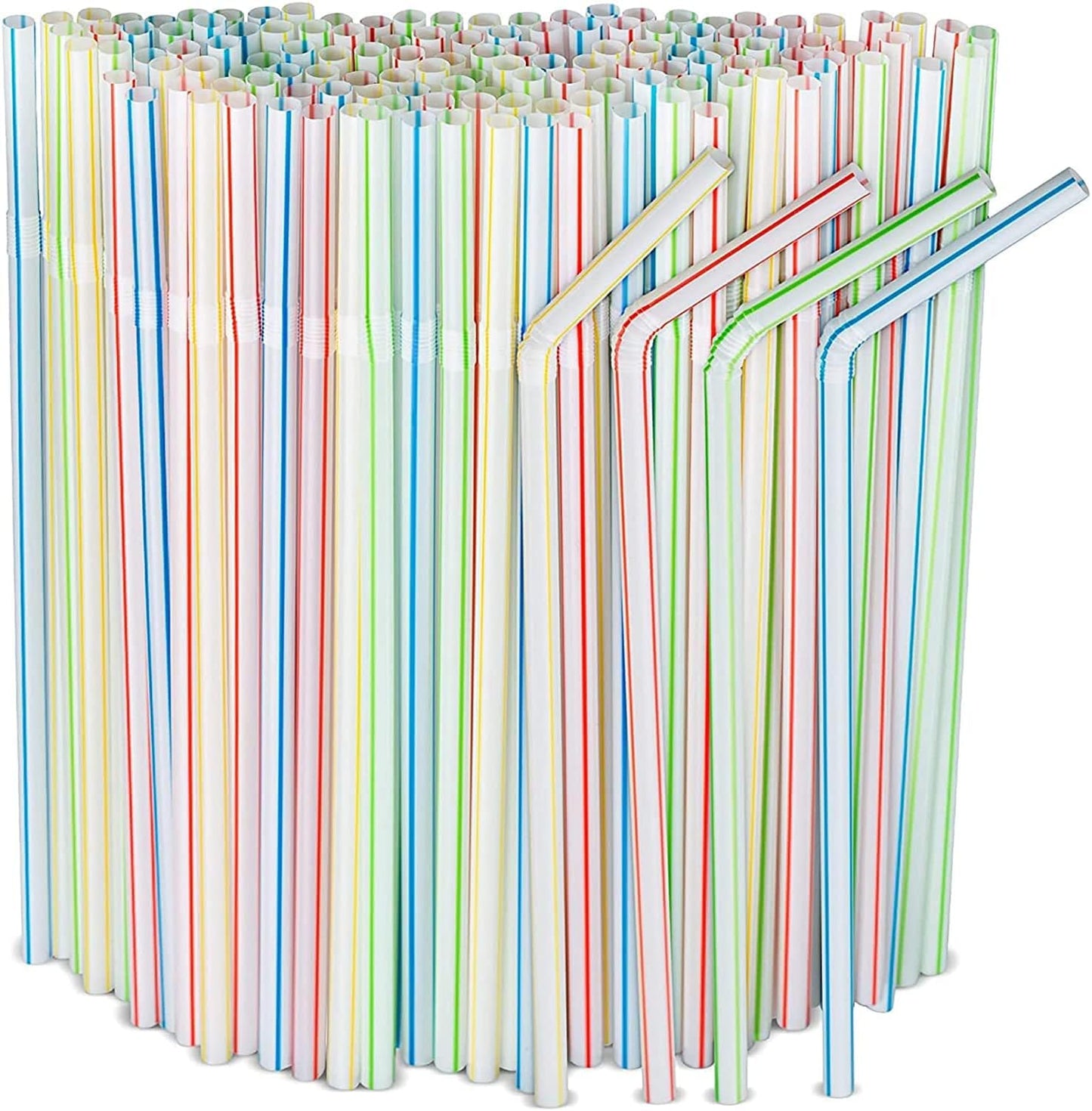 Skiennix 600pcs Plastic Drinking Straws - Flexible 8" Stripes in Multiple Colors for All Beverages