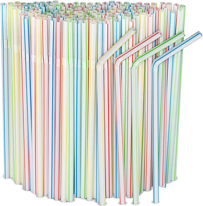 Skiennix 600pcs Plastic Drinking Straws - Flexible 8" Stripes in Multiple Colors for All Beverages