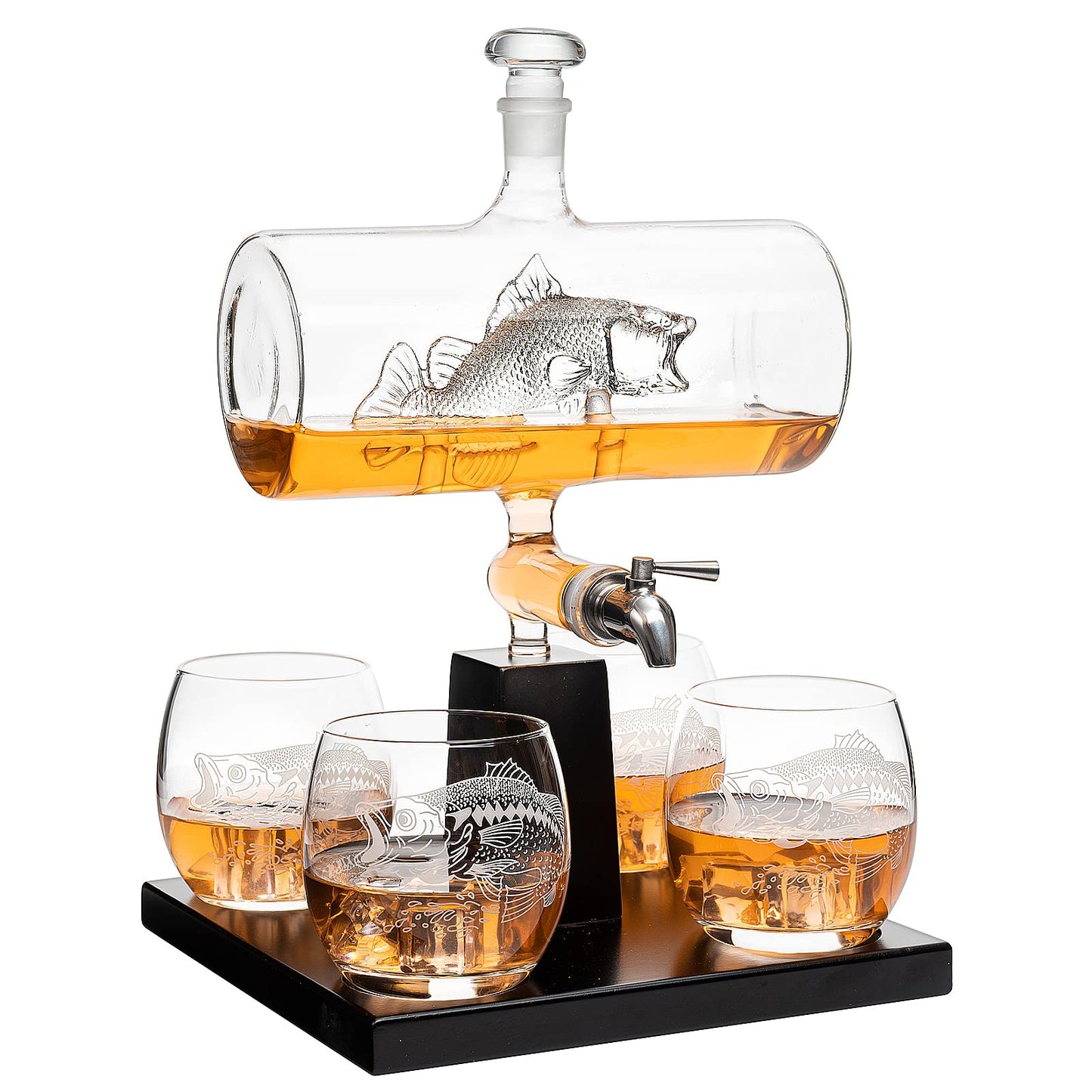 Bass Fish Wine & Whiskey Decanter Set 1100ml by The Wine Savant with 4 Bass Whiskey Glasses, Fishing Gifts, Fisherman Gifts, Boating Gifts, Drink Dispenser Scotch, Bourbon,Gifts for Dad