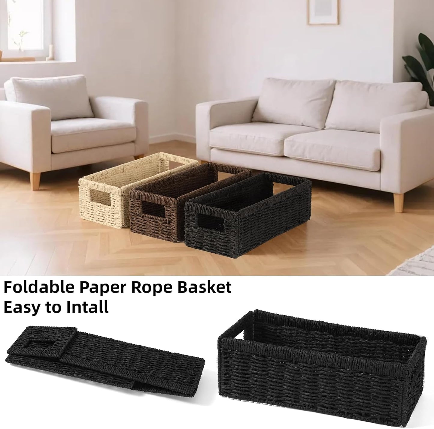 Paper Rope Storage Basket - 2 Pack Foldable Wicker Bins with Handles | Large Decorative Organizers for Bathroom
