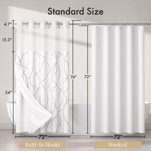 AmazerBath No Hook Shower Curtain and Liner Set, Shower Curtain with Liner and Hooks Built-in Less Time, Heavy Duty Double Waterproof Farmhouse Shower Curtain Set for Bathroom, Grey, 74"x72"