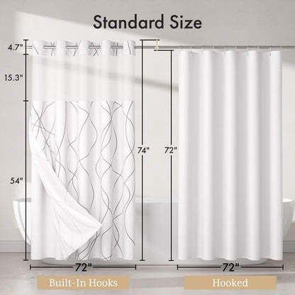 AmazerBath No Hook Shower Curtain and Liner Set, Shower Curtain with Liner and Hooks Built-in Less Time, Heavy Duty Double Waterproof Farmhouse Shower Curtain Set for Bathroom, Grey, 74"x72"