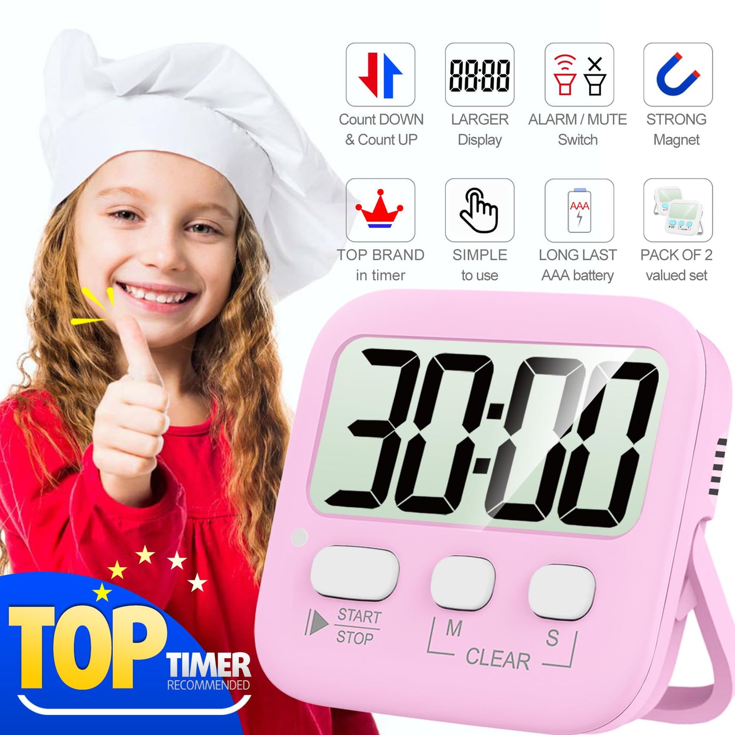 Antonki Timer, Timer for Kids, Kitchen Timers, Digital Timer for Cooking, Egg Timer, Classroom Timer for Teacher, Magnetic Countdown Timer for Exercise, Study, Oven - Battery Included - Pack of 2