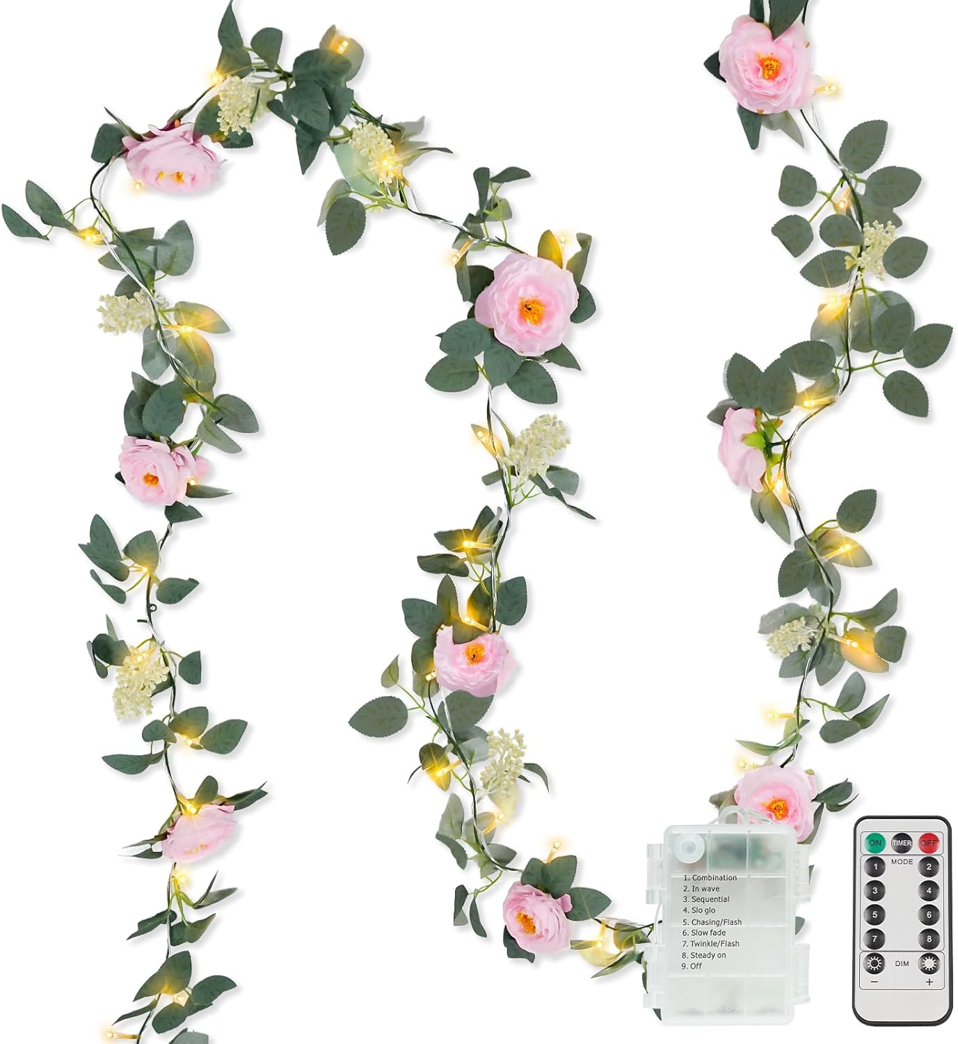 Suddus Flower Garland - Pink Camellia Fairy Lights | 60 LED Battery-Operated Vines with Remote for Indoor Decor