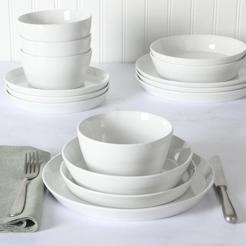 Martha Stewart Selma Dinnerware Set - Chip & Scratch Resistant, 16-Piece Service for 4 | Durable White Plates & Bowls