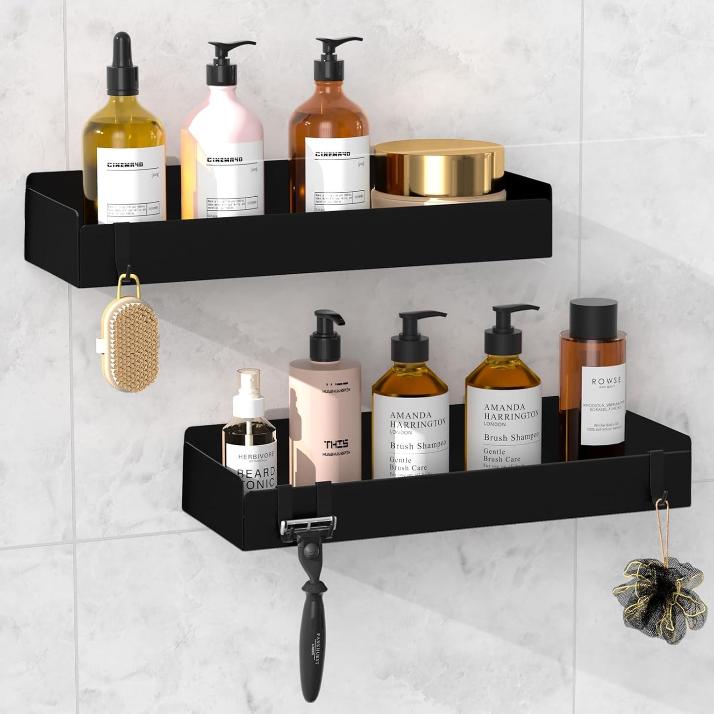 Wisfame Shower Caddy - Rustproof Adhesive Bathroom Shelves with 8 Hooks | Large Capacity, Black
